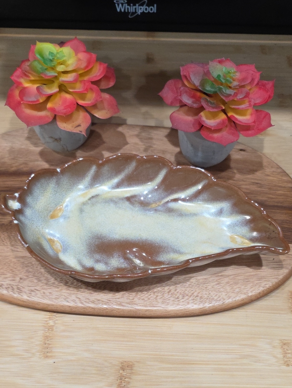 Frankoma Leaf-Shaped Ceramic Dish in Brown and Cream Glaze